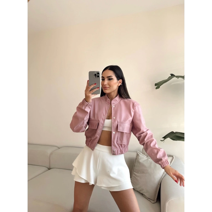 Deri Bomber Ceket-PEMBE