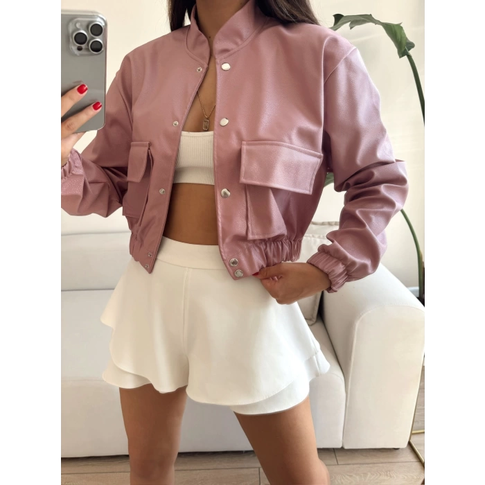 Deri Bomber Ceket-PEMBE