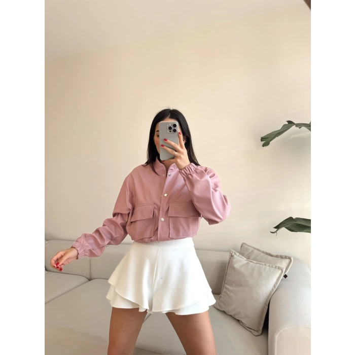 Deri Bomber Ceket-PEMBE