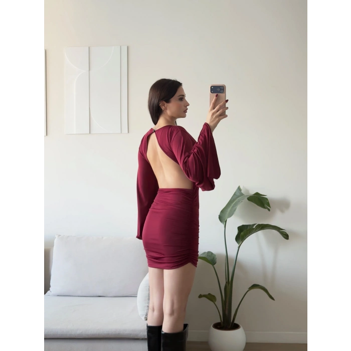 Derin Sırt Dekolte Drapeli Mini Elbise - BORDO