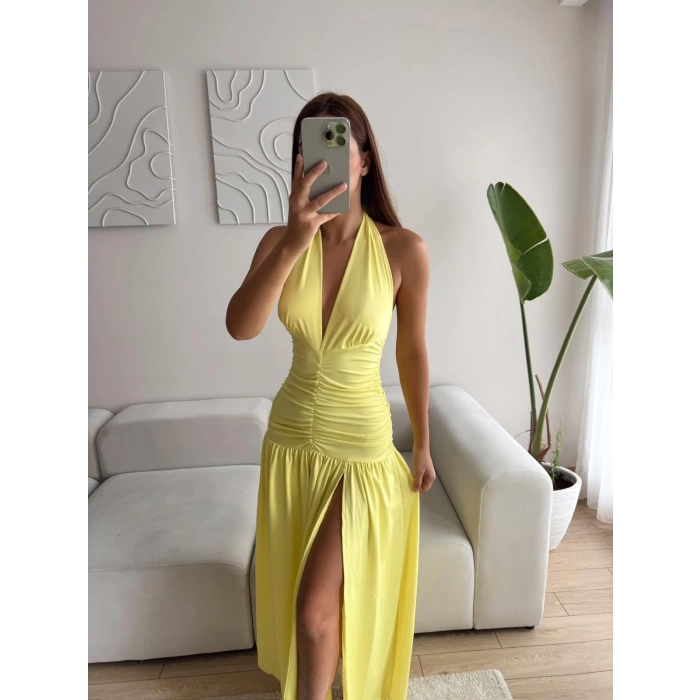 Derin Yırtmaç Boyun Geçmeli Elbise - SARI