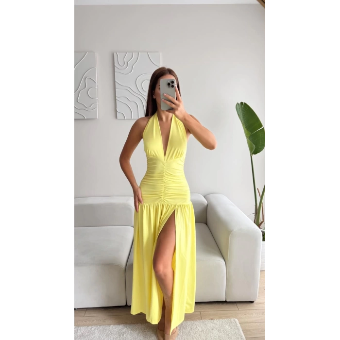 Derin Yırtmaç Boyun Geçmeli Elbise - SARI