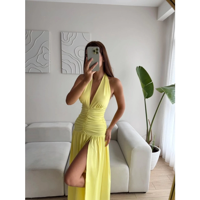 Derin Yırtmaç Boyun Geçmeli Elbise - SARI