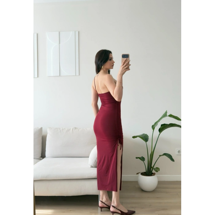 Derin Yırtmaç Omuz Askılı Elbise - BORDO