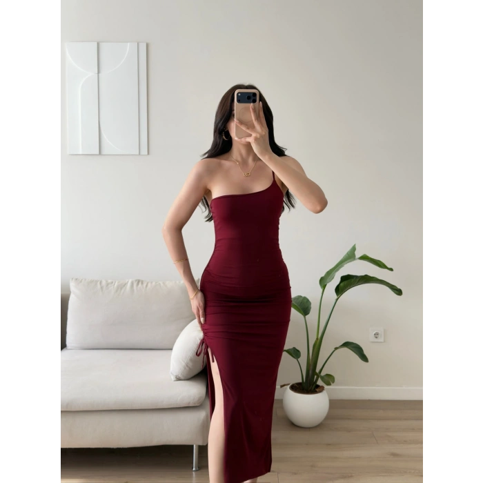 Derin Yırtmaç Omuz Askılı Elbise - BORDO