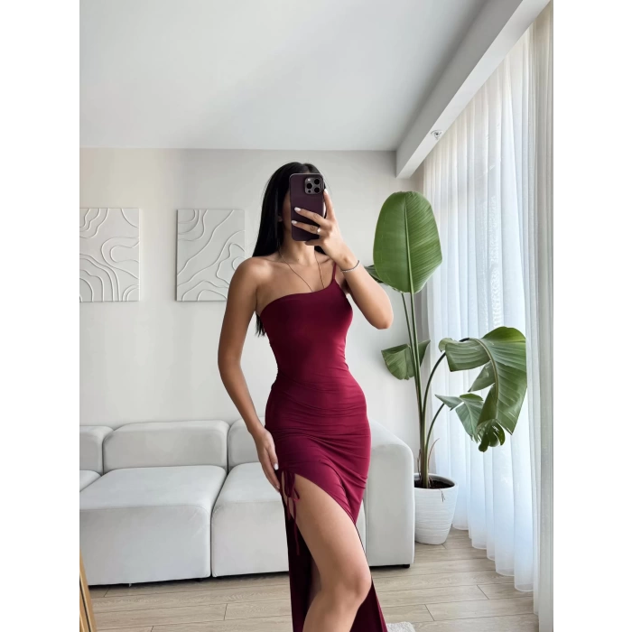 Derin Yırtmaç Omuz Askılı Elbise - BORDO
