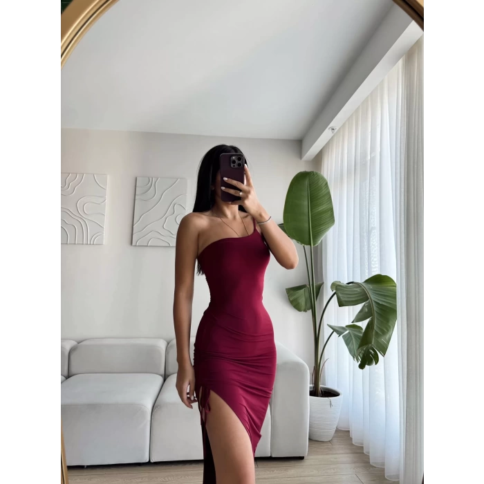 Derin Yırtmaç Omuz Askılı Elbise - BORDO