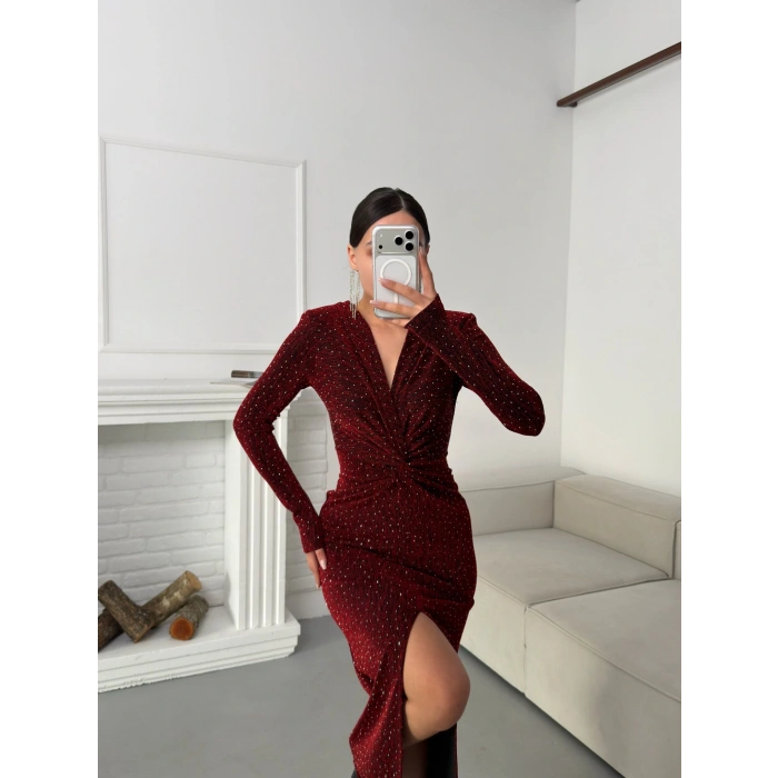 Derin Yırtmaçlı Kruvaze Elbise - BORDO