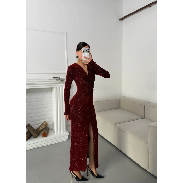 Derin Yırtmaçlı Kruvaze Elbise - BORDO