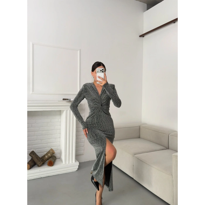 Derin Yırtmaçlı Kruvaze Elbise - GRİ