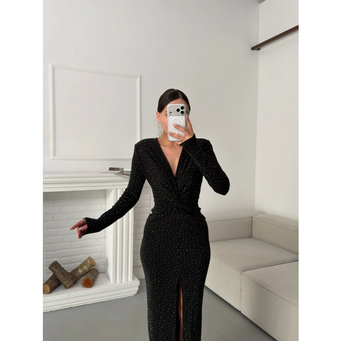 Derin Yırtmaçlı Kruvaze Elbise - SİYAH