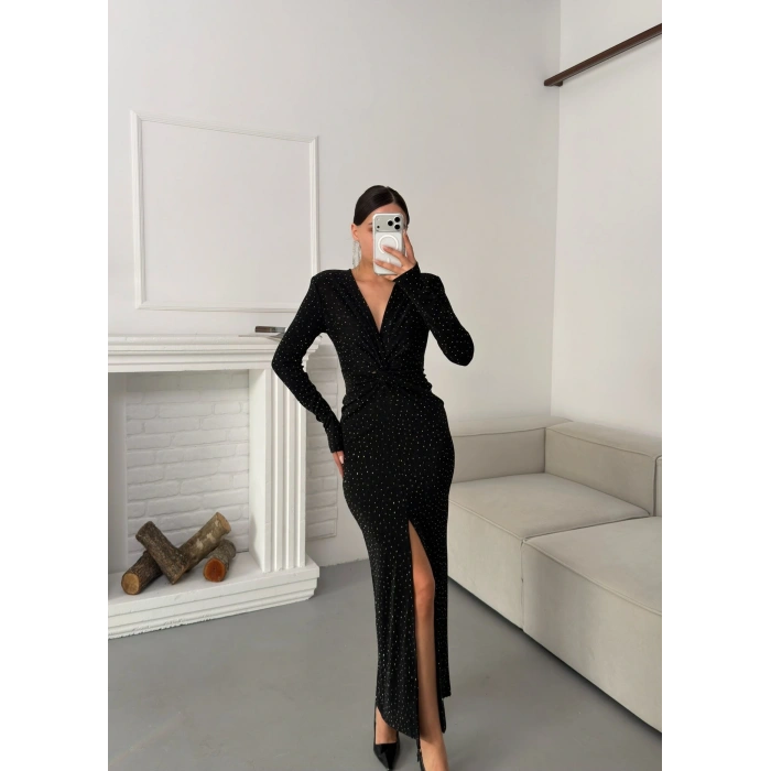 Derin Yırtmaçlı Kruvaze Elbise - SİYAH