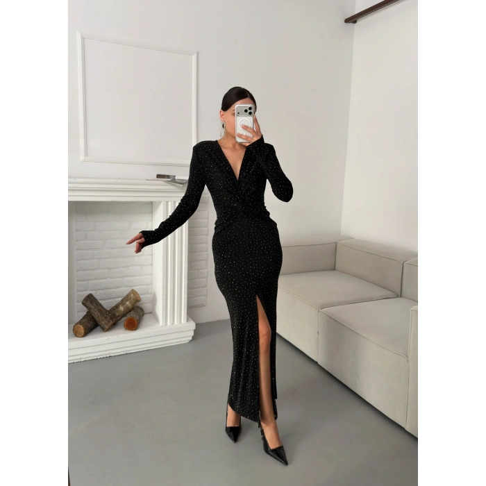 Derin Yırtmaçlı Kruvaze Elbise - SİYAH