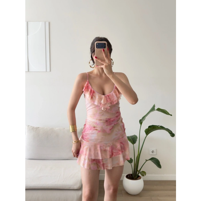 Desenli Fırfırlı Mini Tül Elbise