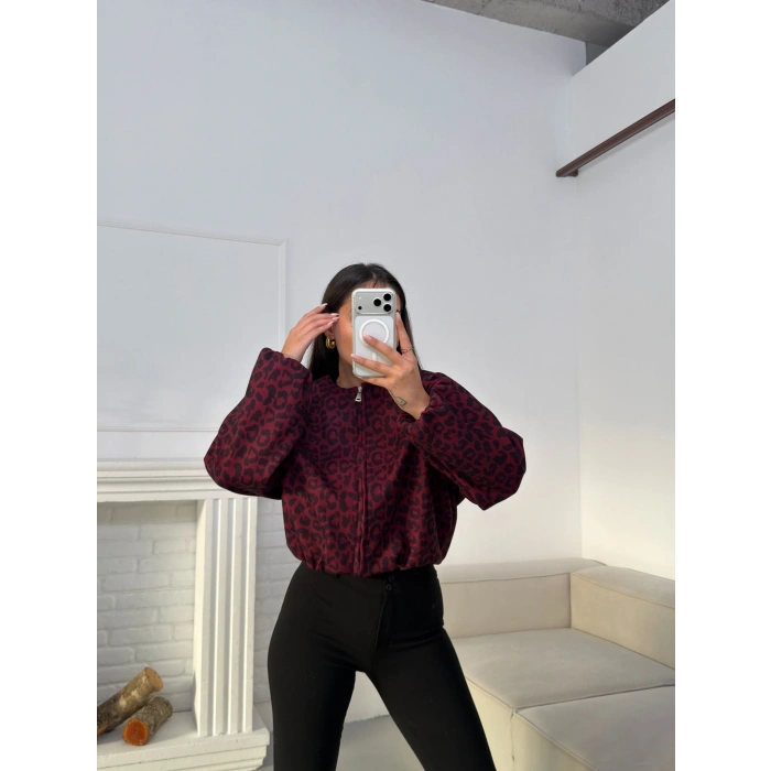 Desenli Oversize Crop Ceket - BORDO