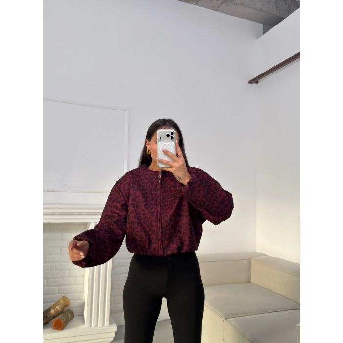 Desenli Oversize Crop Ceket - BORDO