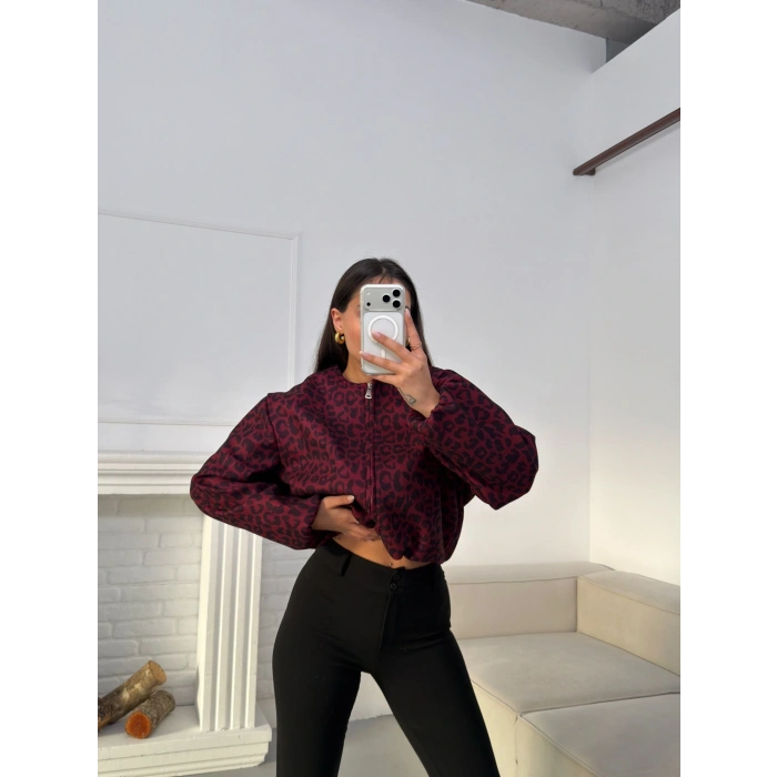 Desenli Oversize Crop Ceket - BORDO