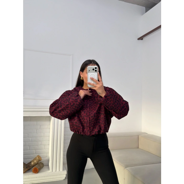 Desenli Oversize Crop Ceket - BORDO