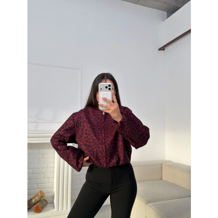 Desenli Oversize Crop Ceket - BORDO