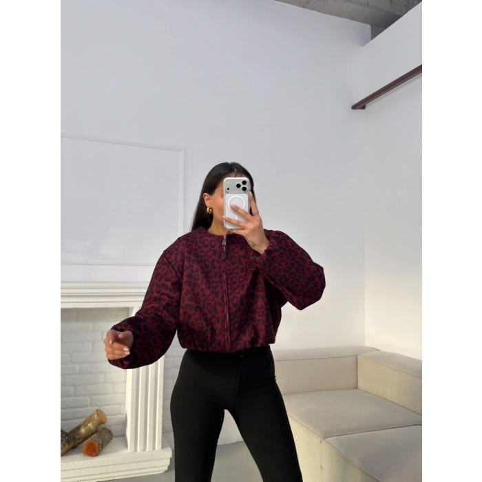 Desenli Oversize Crop Ceket - BORDO