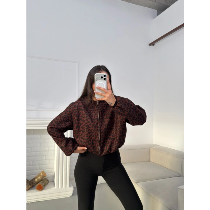 Desenli Oversize Crop Ceket - KAHVE