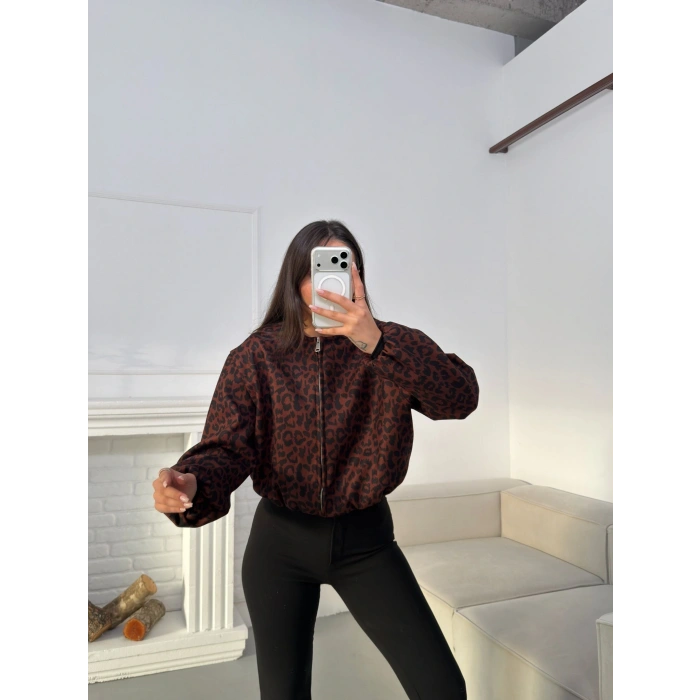 Desenli Oversize Crop Ceket - KAHVE