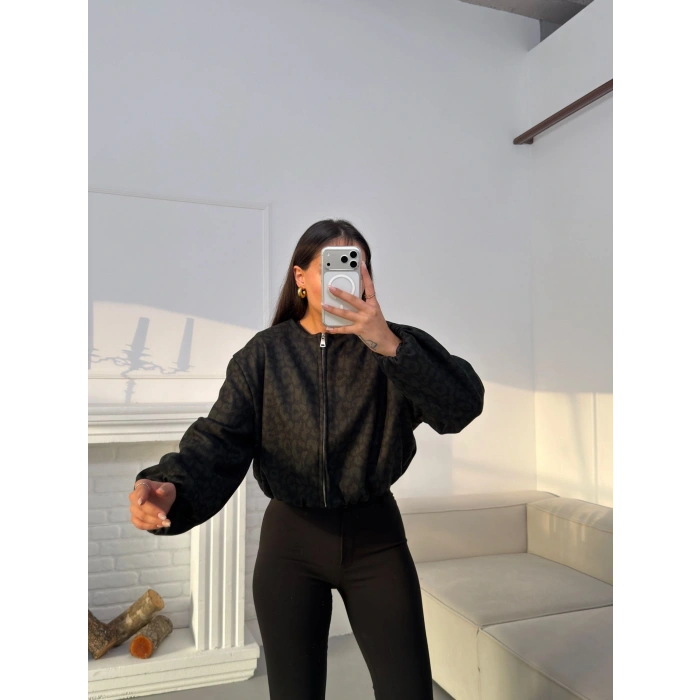 Desenli Oversize Crop Ceket - SİYAH