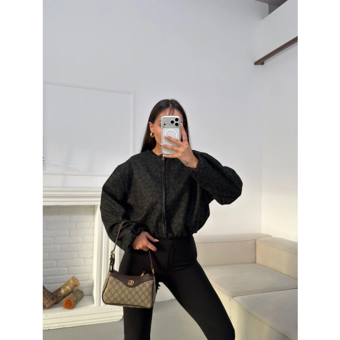 Desenli Oversize Crop Ceket - SİYAH