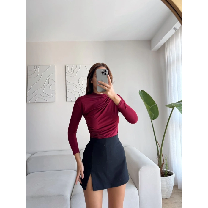 Dik Yaka Drapeli Bluz - BORDO