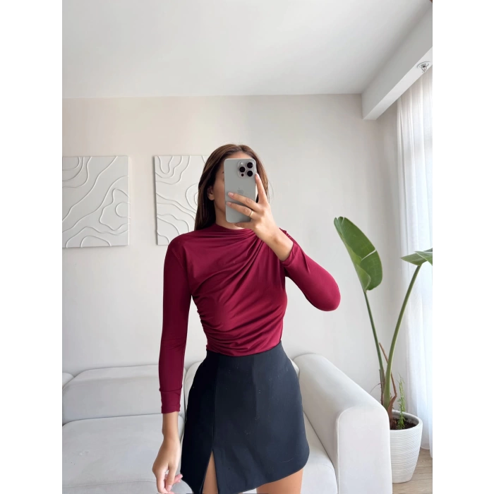 Dik Yaka Drapeli Bluz - BORDO