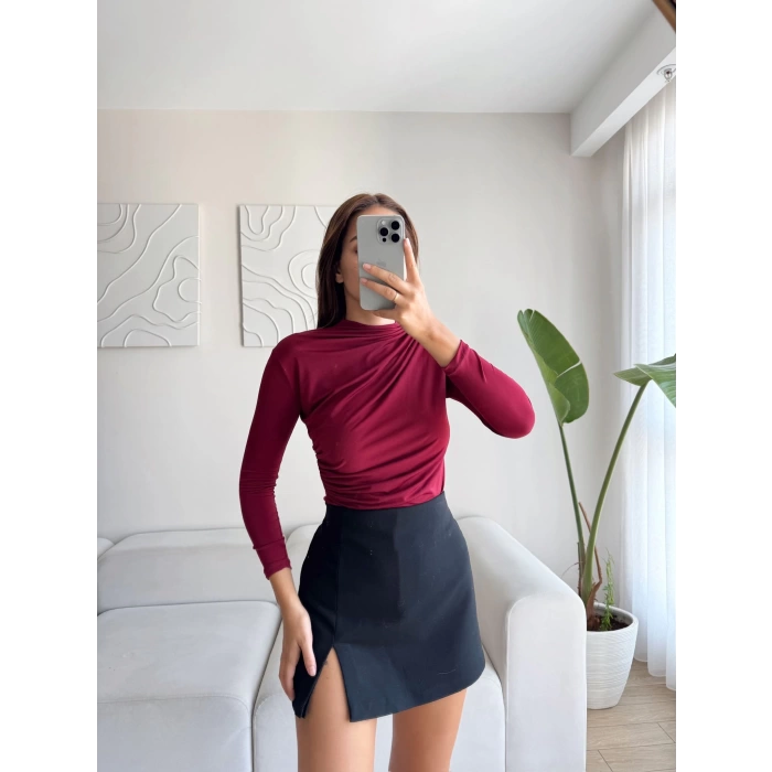 Dik Yaka Drapeli Bluz - BORDO