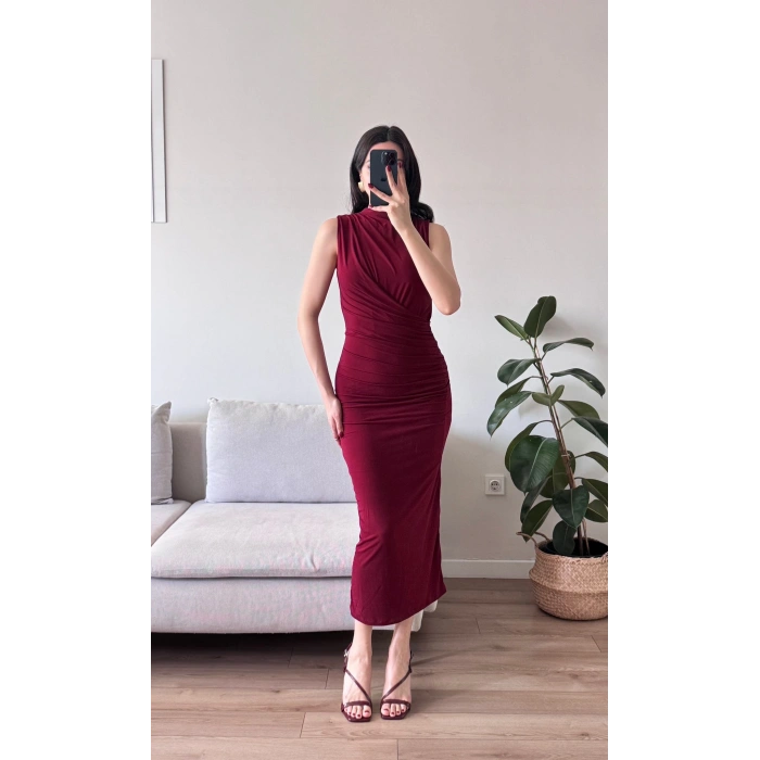Dik Yaka Drapeli Elbise - BORDO