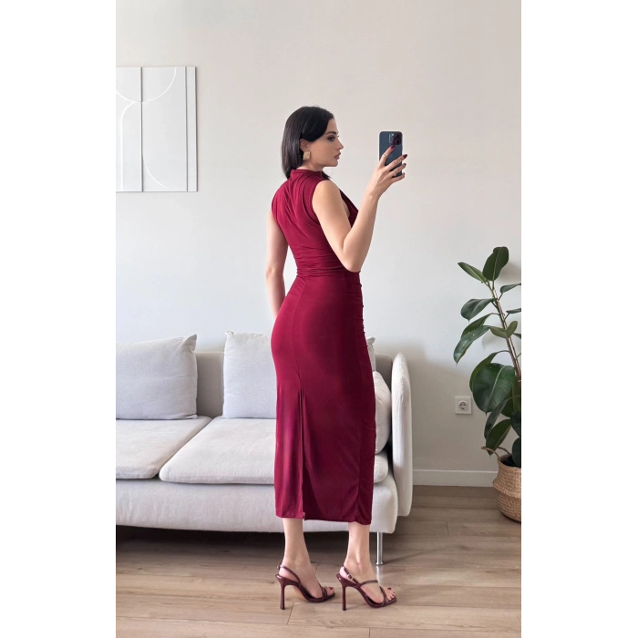 Dik Yaka Drapeli Elbise - BORDO