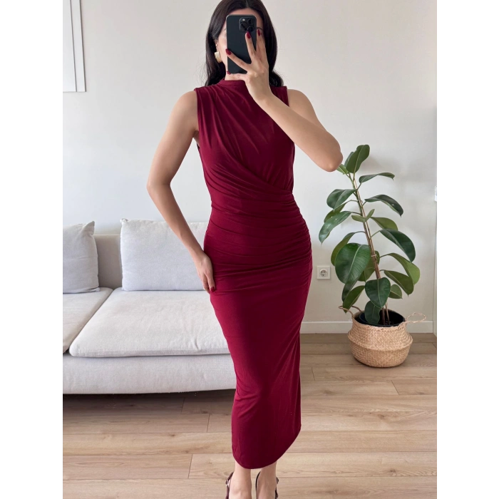 Dik Yaka Drapeli Elbise - BORDO