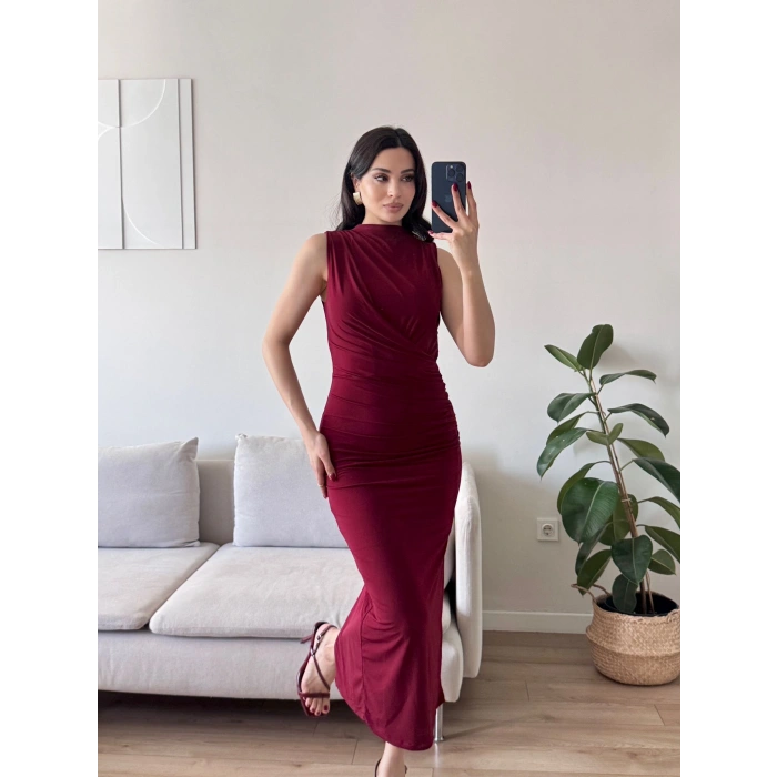 Dik Yaka Drapeli Elbise - BORDO