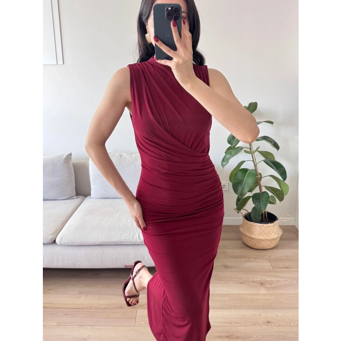 Dik Yaka Drapeli Elbise - BORDO