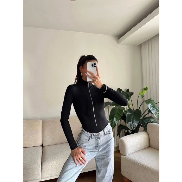 Dik Yaka Fermuar Bodysuit