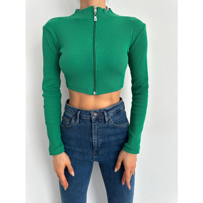 Dik Yaka Fermuarlı Kaşkorse Crop Bluz-YEŞİL