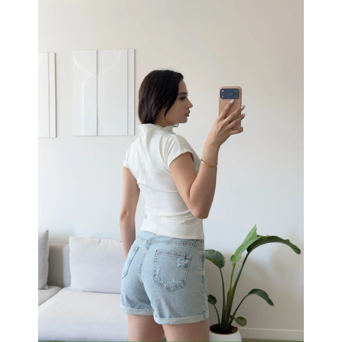 Dik Yaka Modal Crop - BEYAZ