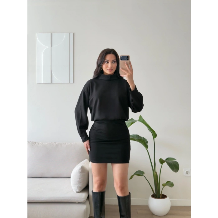 Dik Yaka Modal Elbise - SİYAH