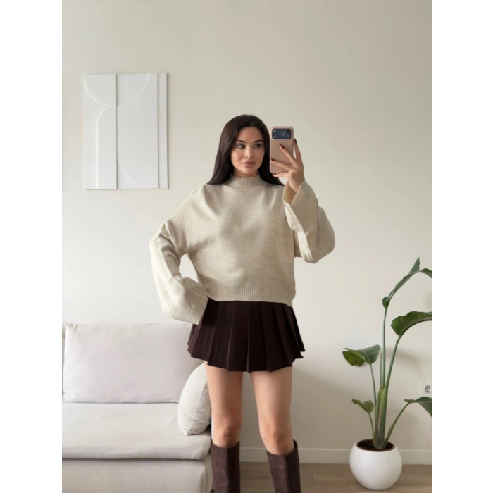 Dik Yaka Oversize Triko Kazak - BEJ