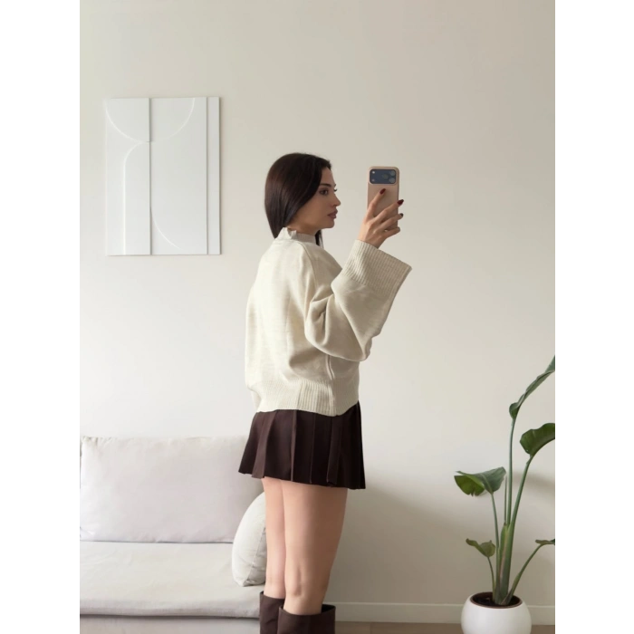 Dik Yaka Oversize Triko Kazak - BEJ