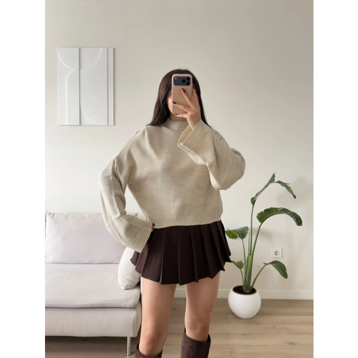 Dik Yaka Oversize Triko Kazak - BEJ