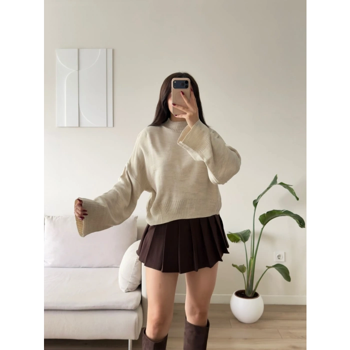 Dik Yaka Oversize Triko Kazak - BEJ