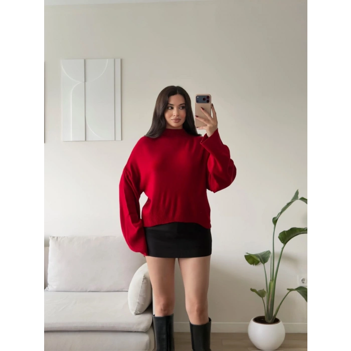Dik Yaka Oversize Triko Kazak - KIRMIZI