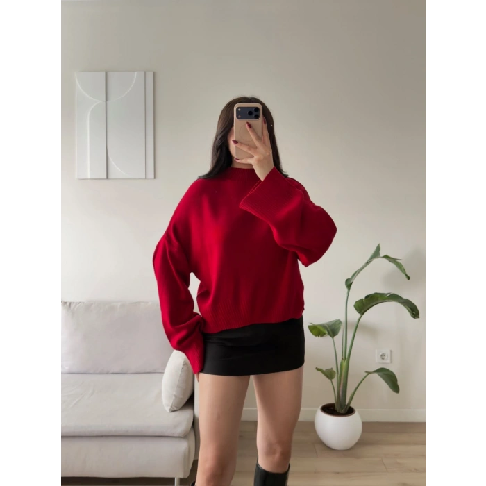 Dik Yaka Oversize Triko Kazak - KIRMIZI