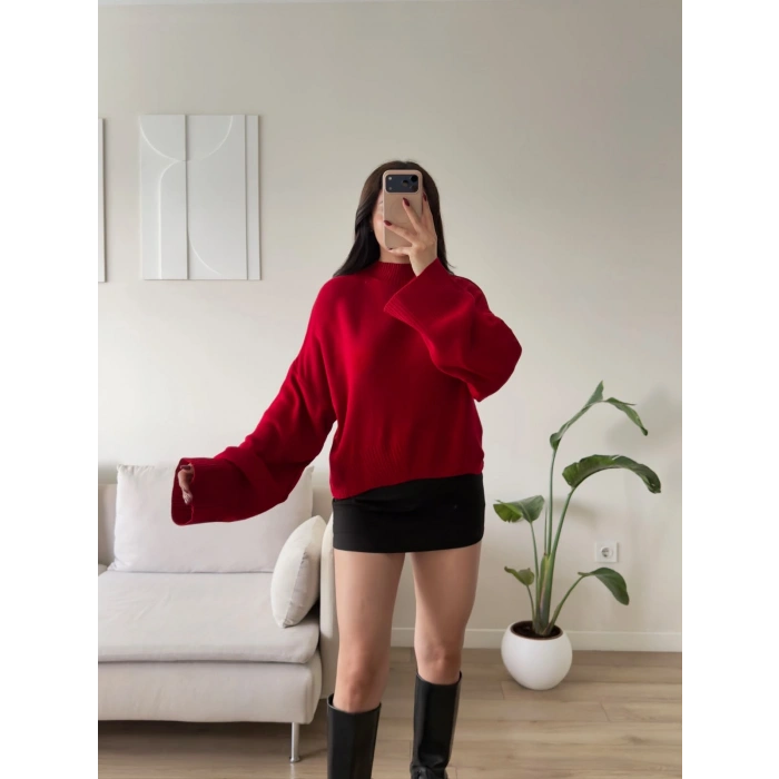 Dik Yaka Oversize Triko Kazak - KIRMIZI