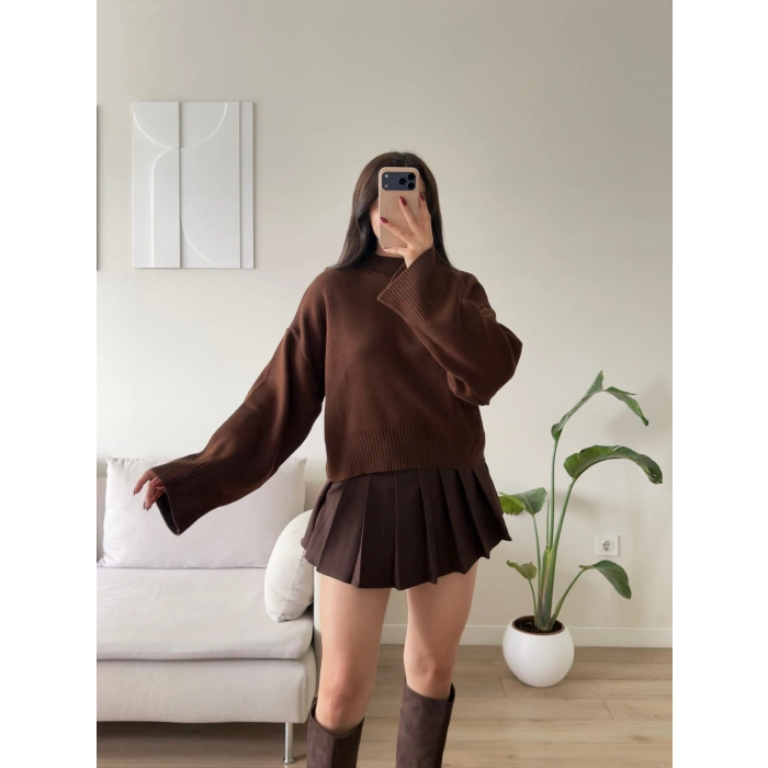 Dik Yaka Oversize Triko Kazak - KAHVE