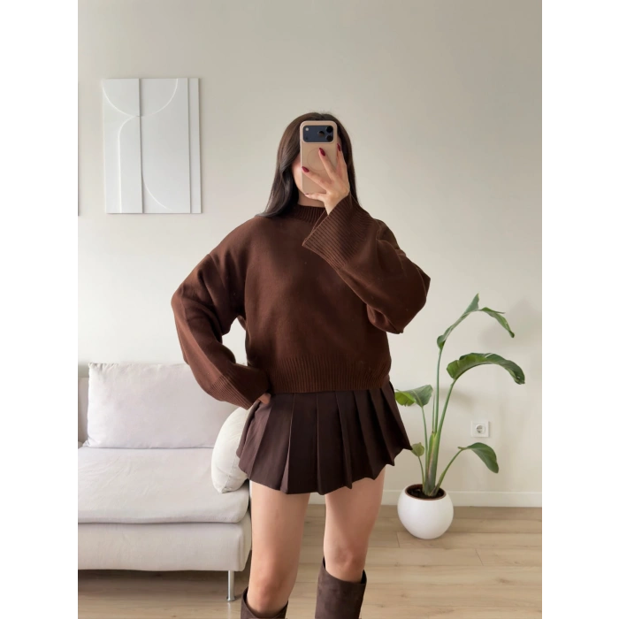Dik Yaka Oversize Triko Kazak - KAHVE