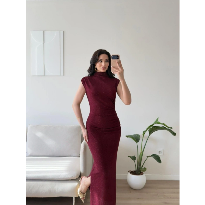 Drapeli Simli Long Elbise - BORDO